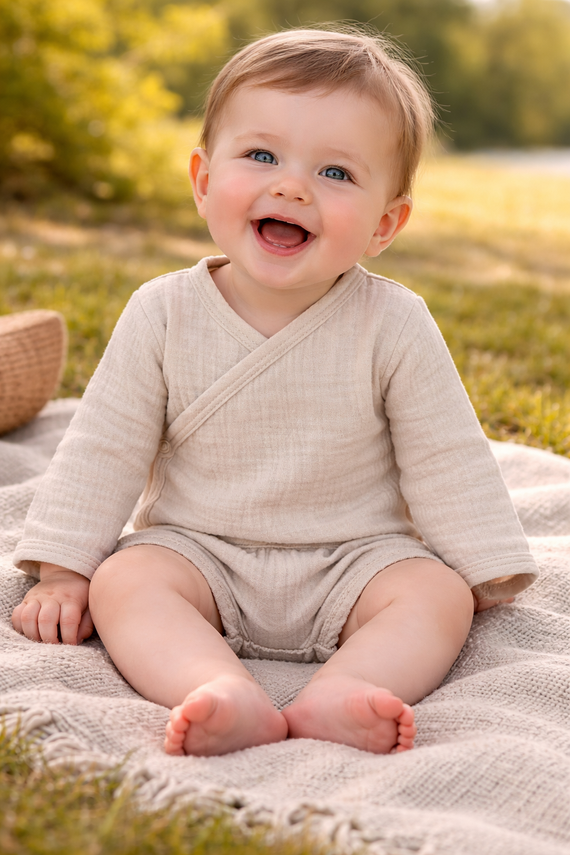 Body muślinowe Just Muslin Makoma beige– kopertowe, długi rękaw, naturalna bawełna