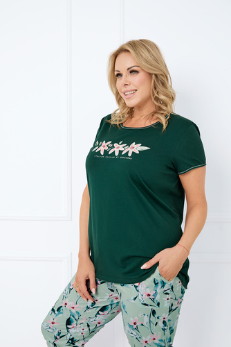 Piżama Damska krótki rękaw, 3/4 spodnie Florisa Italian Fashion - ciemny zielony/druk 