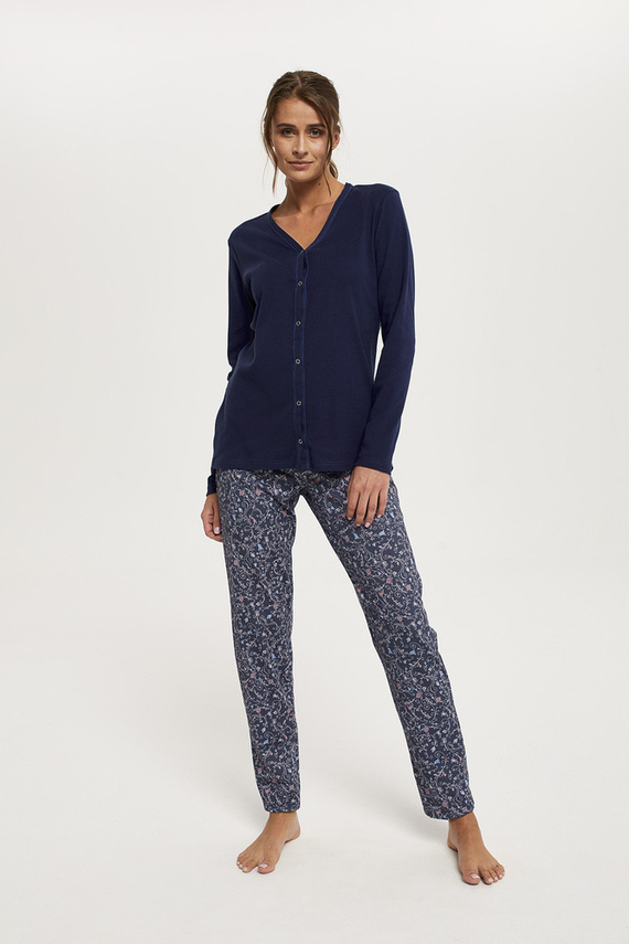 Piżama Damska długi rękaw, długie spodnie Sajna Italian Fashion - granat/druk