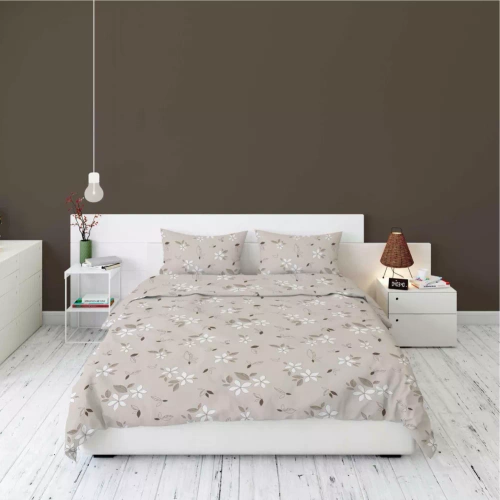 5632 A Detexpol Pastel Flowers beżowa w białe kwiaty i liście– pościel flanelowa bawełniana, miękka i przytulna