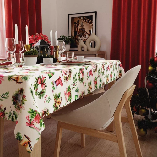 Czerwony obrus świąteczny C03 Markizeta – wodoodporny z wykończeniem chmurka