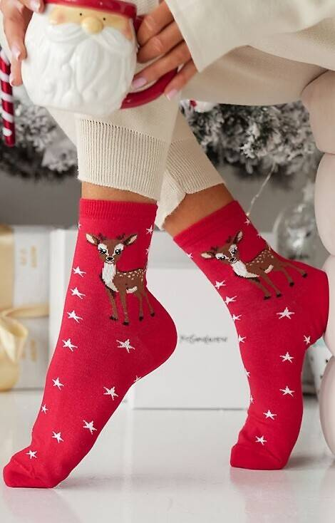 1283-030 Jelonek Świąteczne Skarpety damskie Milena - czerwony