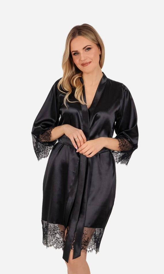 Szlafrok damski z koronką Gloria ByShelly - czarny