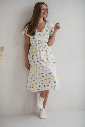 Biała sukienka ciążowa i do karmienia w cytryny – Lovely Dress Midi, krótki rękaw Milk&Love 