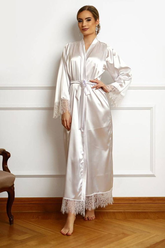 Szlafrok damski satynowy długi Blanka ByShelly - biały