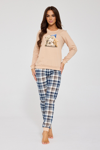 Bawełniana piżama damska Cornette 671/425 Bears | Nadruk misia i spodnie w kratkę
