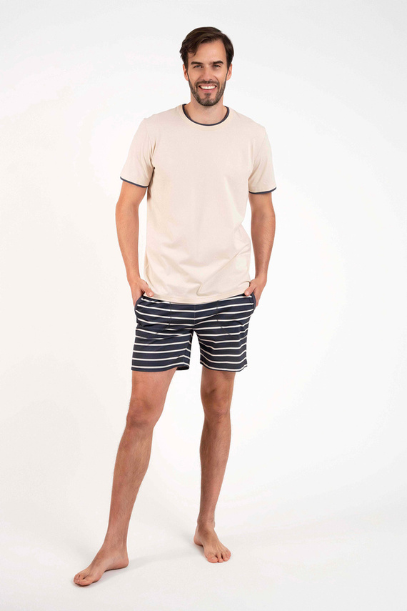 Piżama Męska krótki rękaw, spodenki Lars talian Fashion - beżowy/druk grafitowy