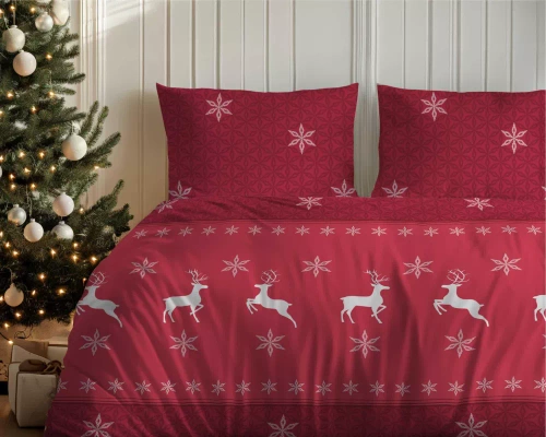 5621 A Magia Świąt Detexpol Pościel świąteczna flanelowa czerwona w renifery i śnieżynki – bawełna 100%, certyfikat OEKO-TEX®