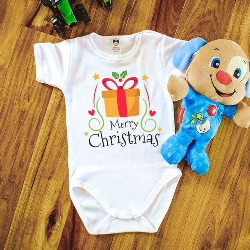 Body krótki rękaw "Merry Christmas z prezentem BOŻE NARODZENIE" Moocha biały