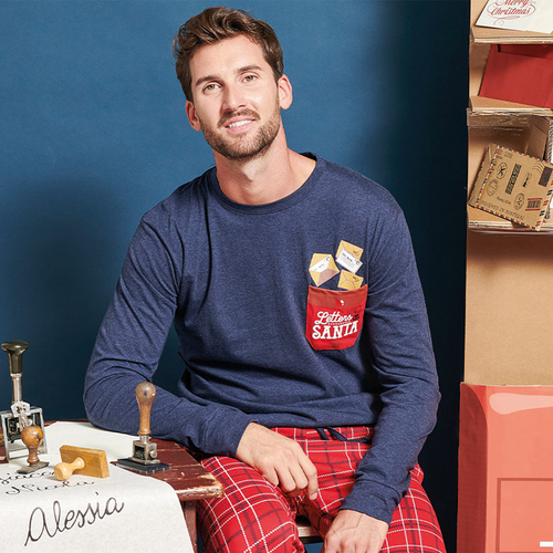 Gioew Sorbetto niebieska  – świąteczna piżama męska z nadrukiem i spodniami w kratę