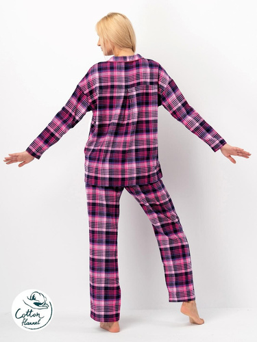 Piżama damska Key LNS 490 – flanela bawełniana, długi rękaw, zapinana na guziki