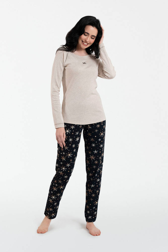 Piżama Damska długi rękaw, długie spodnie Denali Italian Fashion - beżowy melanż/druk