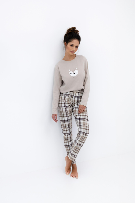 Sensis Tinsley – damska piżama bawełniana z nadrukiem i spodniami w kratkę