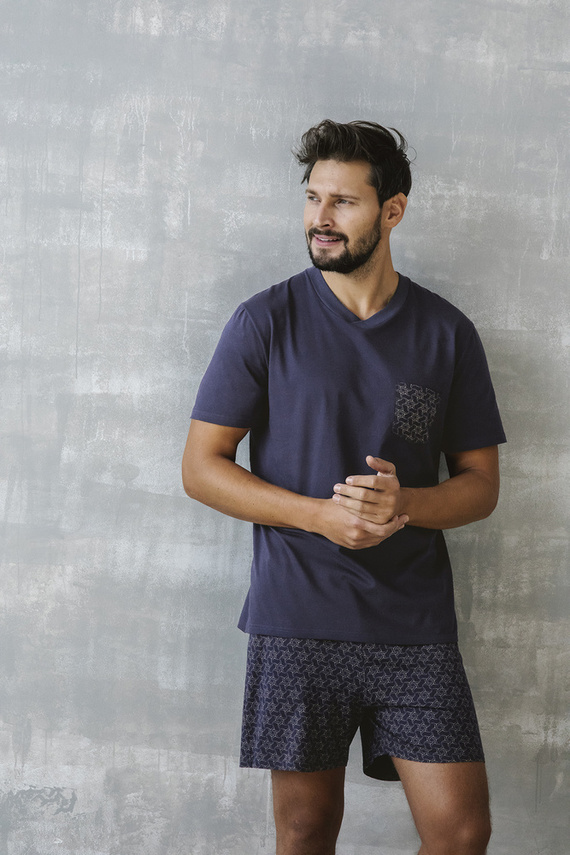 Piżama Męska krótki rękaw, spodenki Diaz Italian Fashion - granatowy/druk