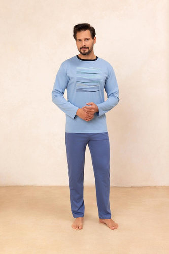 Piżama męska Regina 492 niebieska– bawełna, długi rękaw, wygodna i praktyczna