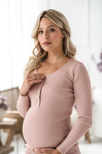Sukienka ciążowa i do karmienia z dzianiny w prążek Tummy Milk&Love pudrowy róż