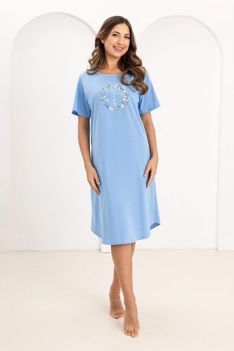 Koszula nocna Regina 176, 100% bawełna, krótki rękaw, półokrągły dekolt, nadruk- niebieska