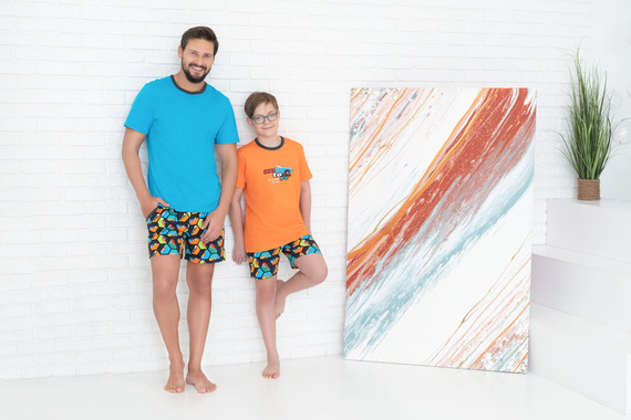 Piżama chłopięca krótki rękaw, spodnie Komiks Italian Fashion - pomarańczowy/druk