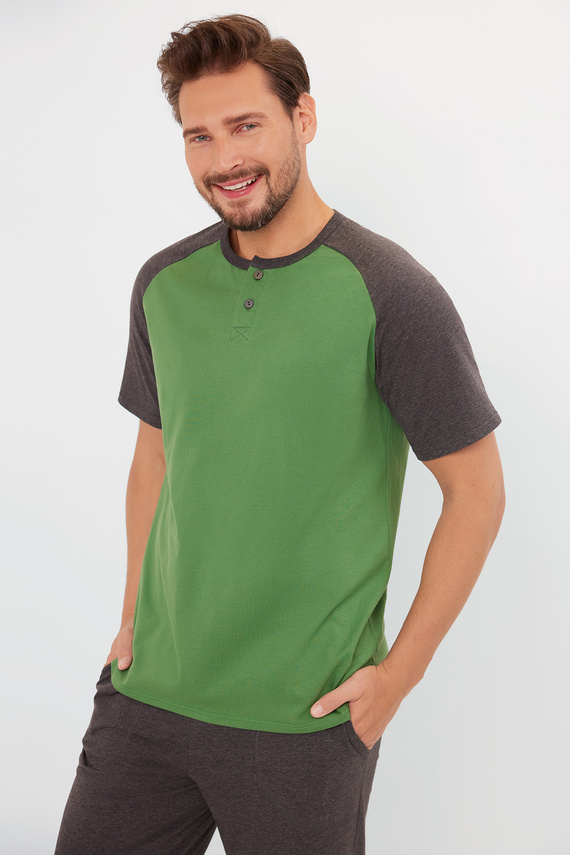 Piżama Męska krótki rękaw, długie spodnie Aleksander talian Fashion - zielony/c.melanż