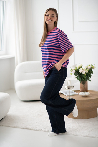 T-shirt do karmienia i ciąży Mamahood oversize z krytymi zamkami OEKO-TEX Milk&Love różowo-niebieskie paski 