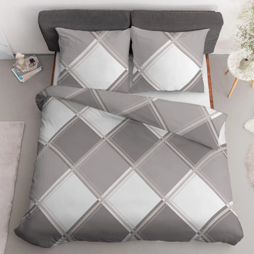 Pościel satynowa krata 4683 A Home Satin Detexpol beżowy  