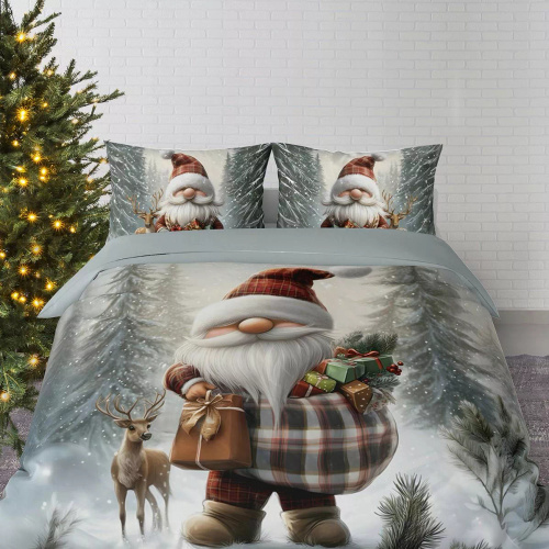 Detexpol Christmas Dreams 5828 A ze skrzatem i reniferem w zimowym lesie– pościel bawełniana świąteczna 100% bawełna