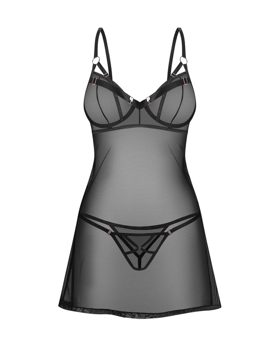 Koszulka Euridia Chemise Obsessive czarna – elegancka koszulka nocna z fiszbinami i stringami Chemise Koszulka damska Obsessive -czarny