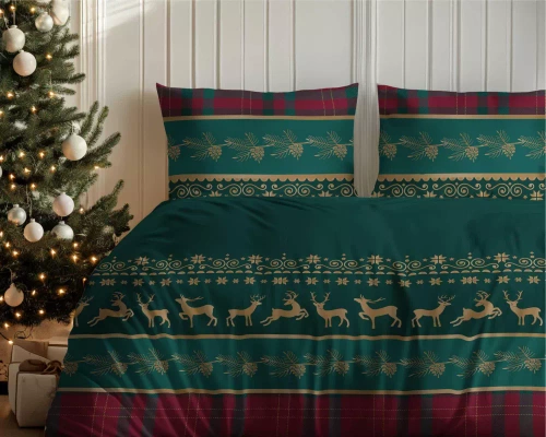 5620 A Magia Świąt Detexpol Pościel świąteczna flanelowa zielona z reniferami i kratą– bawełna 100%, certyfikat OEKO-TEX®
