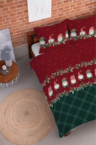 5618 B Magia Świąt Detexpol Pościel świąteczna flanelowa w skrzaty na bordowo-zielonym tle– bawełna 100%, certyfikat OEKO-TEX®