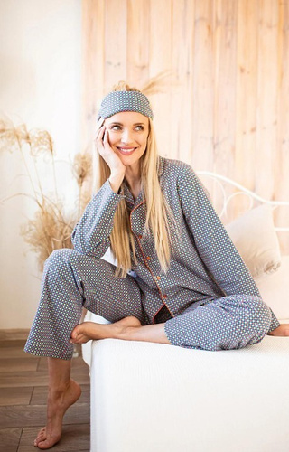Piżama damska Key LNS 429 – bawełna, koszulowa góra na guziki, długi rękaw
