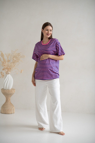 T-shirt do karmienia i ciąży Mamahood oversize z krytymi zamkami OEKO-TEX Milk&Love różowo-niebieskie paski 