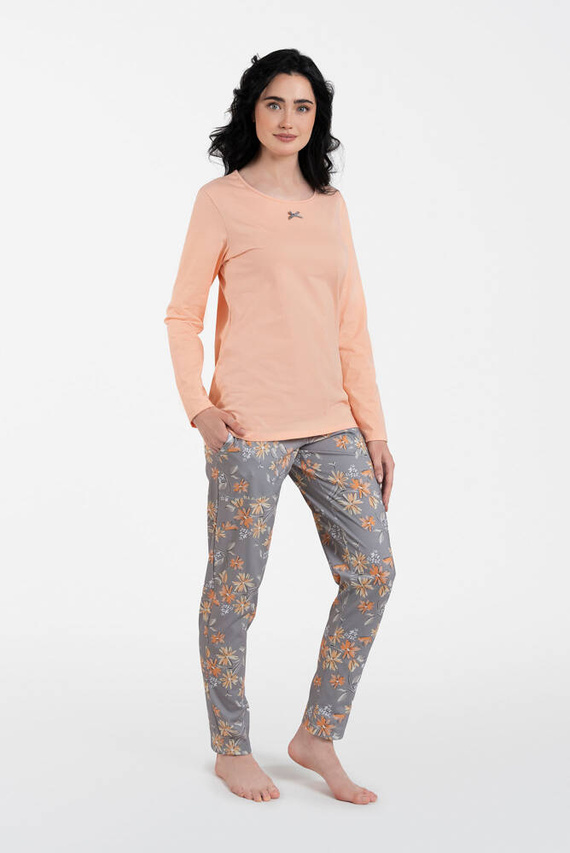 Piżama Damska długi rękaw, spodnie Kasali Italian Fashion - łosoś/druk