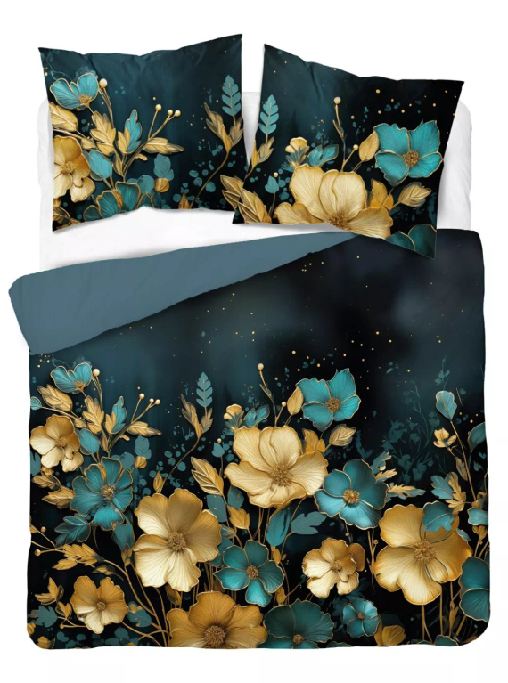 Detexpol Holland 5118 A pościel bawełniana ciemna w kwiaty złoto-turkusowe– dwustronna, naturalna, 100% bawełna