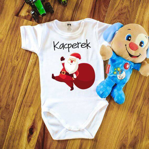 Body krótki rękaw "Mikołaj z workiem + dowolne imię" Moocha biały