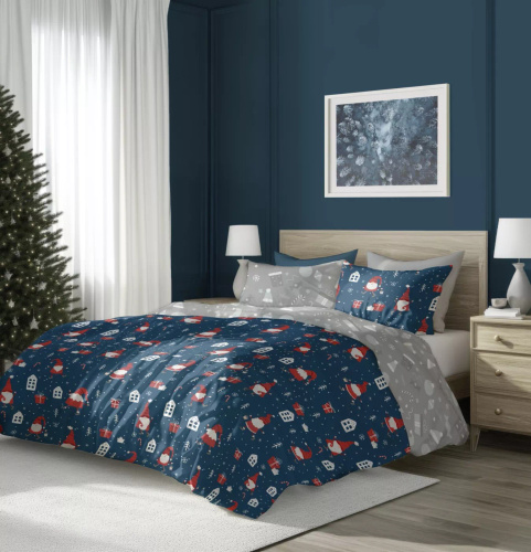 Scandic 081 Scandic Faro granatowo-szara ze skrzatami  – pościel świąteczna dwustronna, bawełna 100%, komplet 