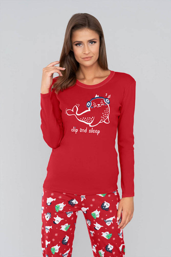 Piżama Damska długi rękaw, długie spodnie Kasjana Italian Fashion- czerwony/druk czerwony 