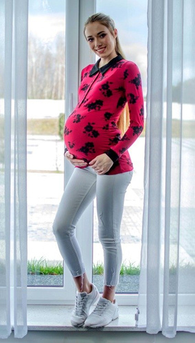 012 Bluzka ciążowa Polo długi rękaw MIRACLE- bordowa- czarne kwiaty