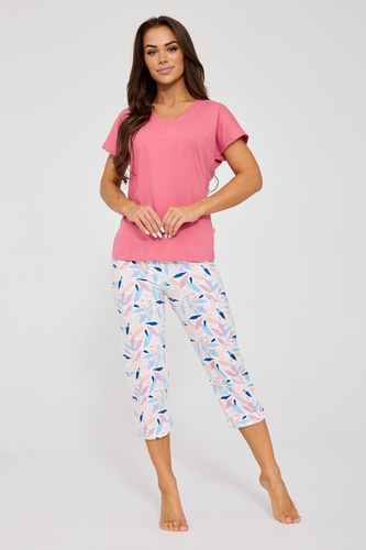 Cornette Louisa 2 372/472 – piżama damska bawełniana z liśćmi, koszulka z krótkim rękawem