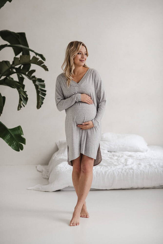 Bambusowa koszula nocna ciążowa i do karmienia długi rękaw Moon Milk&Love jasny szary