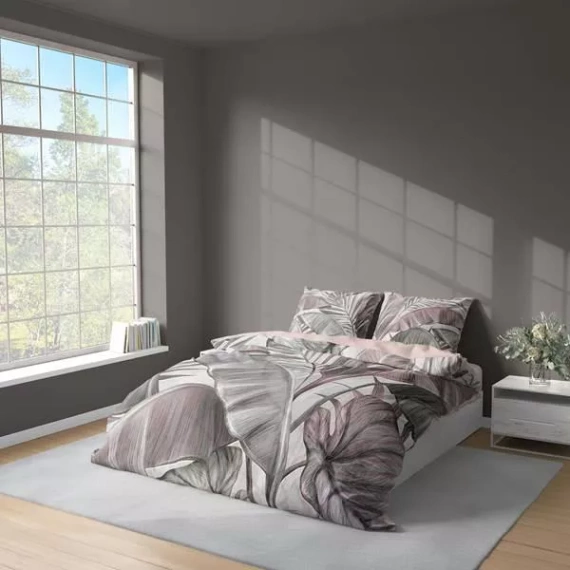 Pościel 3D z mikrofibry 5435 A Detexpol – tropikalne liście w pudrowych barwach. Stylowa, lekka, łatwa w utrzymaniu czystości.