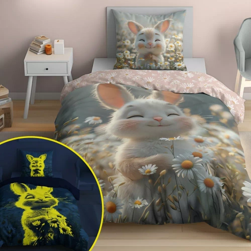 Pościel świecąca w ciemności 140x200 króliczek w kwiatach 5548 A Fluo 95 + poszewka 70x90 | 100% bawełna | Dla dzieci
