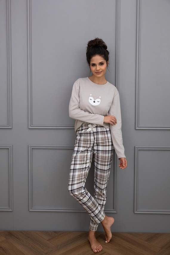 Sensis Tinsley – damska piżama bawełniana z nadrukiem i spodniami w kratkę