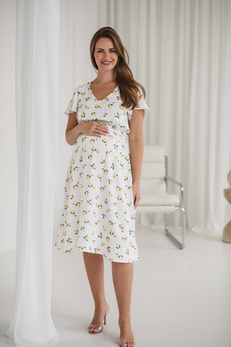 Biała sukienka ciążowa i do karmienia w cytryny – Lovely Dress Midi, krótki rękaw Milk&Love 