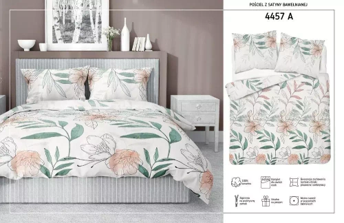 Pościel satynowa kwiaty 4457 A Home Satin Detexpol biały/zielony 