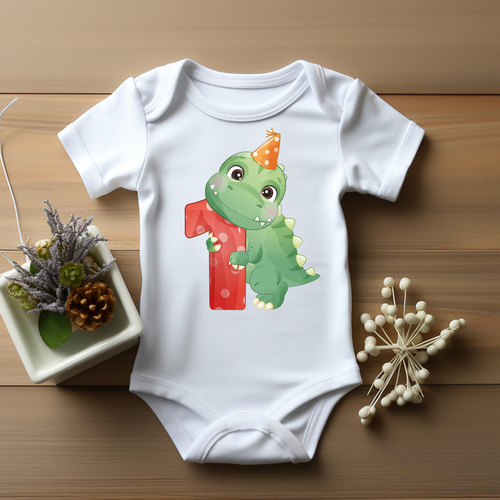 Body krótki rękaw "ROCZEK dla chłopca, dinozaur jedynka" Moocha biały