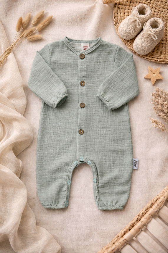 Pajac muślinowy Just Muslin Makoma mint– naturalny komfort, 5 kolorów