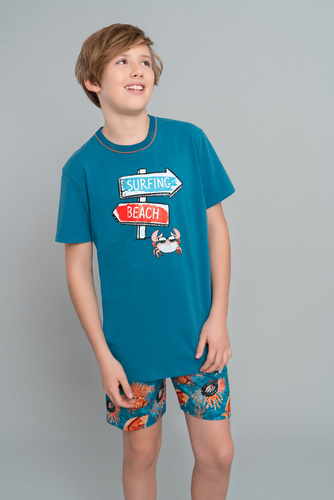 Piżama chłopięca krótki rękaw, spodnie Krab Italian Fashion - morski/druk