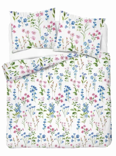 5634 A Detexpol Pastel Flowers biała w polne kwiaty niebiesko-różowe pościel flanelowa bawełniana, miękka i przytulna