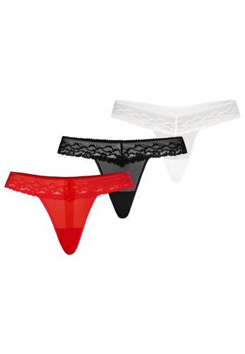 Wielopak Stringi damskie z koronką Leo Teyli - czerwony/czarny/biały