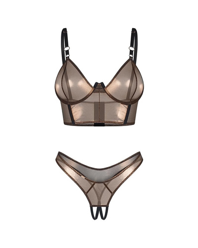 Obsessive Soranna Top & Crotchless Thong – dwuczęściowy komplet bielizny ze złotą siateczką